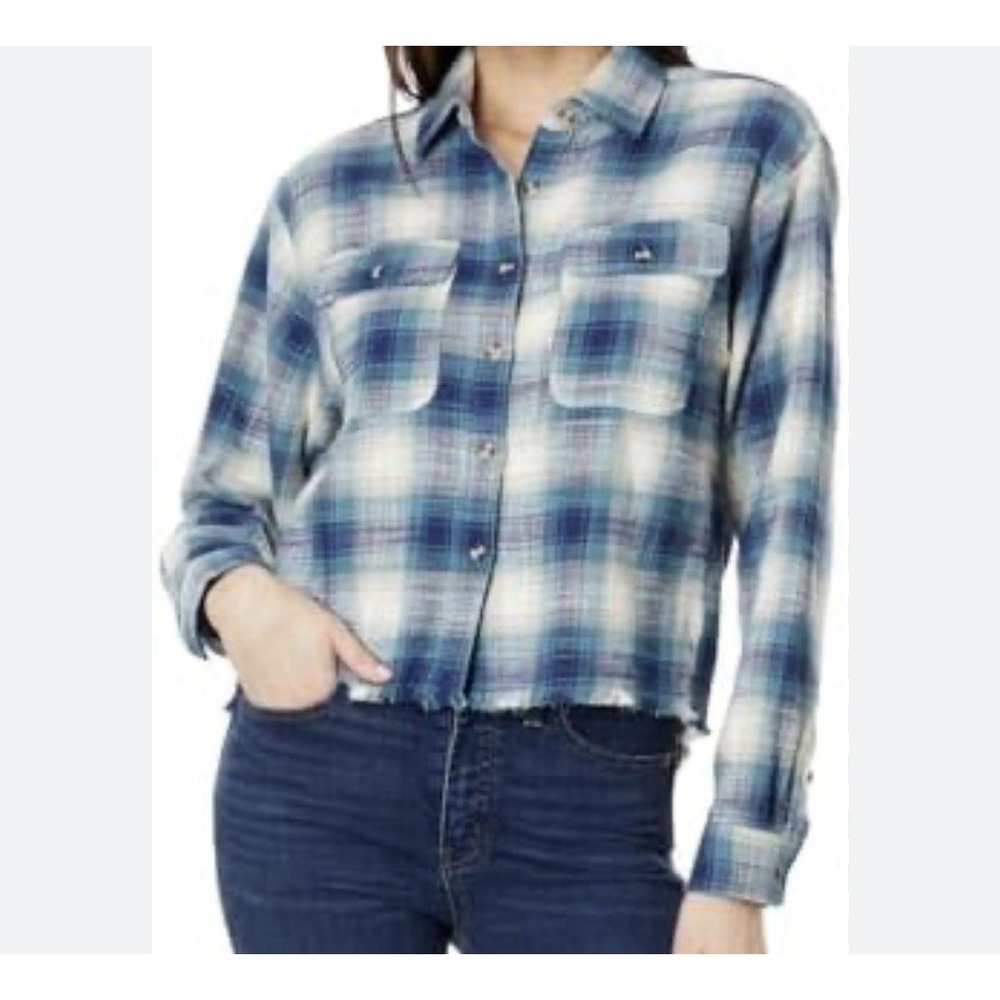 Lucky Brand Women's Large Raw Edge Cropped Plaid Button Up Shirt Blue